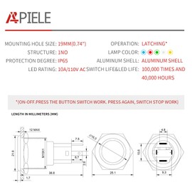 APIELE 10 Amp 19mm Latching Push Button Switch 110V-220V SPST LED Waterproof Round Self-Locking 1NO (Black Aluminum, Red)