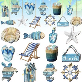 MOAZIFI Pack of 24 Wooden Decorations for Maritime Decoration, Fishing Net Decoration, Natural Wooden Hanging Decoration for Living Room, Bedroom, Restaurants and Hotels