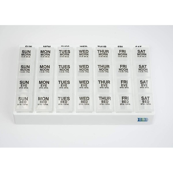 GMS 4 Times a Day Weekly Pill Reminder for Medications, Vitamins, Supplements and Other Pills - Includes 7 Removable Pill Boxes in a Flat White Tray (Clear)