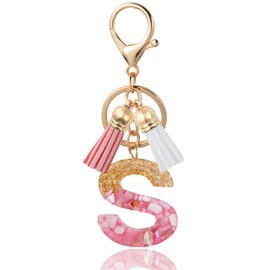 ANHBKAR Alphabet Initial Letter Keychain Cute Resin with 2 PU Tassels, Letter Keychain for Backpack Charms, Initial Keychains for Women, Girls (S, LOTUS PINK)