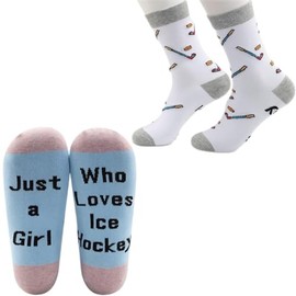 CMNIM Girls Ice Hockey Gifts 2 Pairs Hockey Novelty Socks just a Girl Who Loves Ice Hockey Players Gift Ice Hockey Lover Gift (2 Pairs Hockey White Blue)