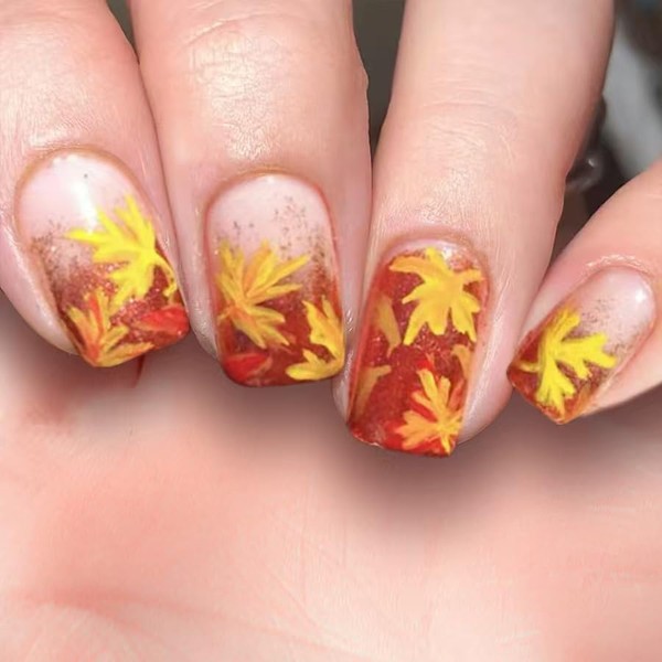 Fall Glitter Press on Nails Medium Square Fake Nails Orange