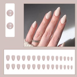 HaoTrade 30Pcs Almond French Tip False Nails, Press on Nails Short, Removable Glue-on Nails, Glossy Nake White False Nails with Glue Stickers, Oval Acrylic Full Cover Fake Nails, Nail Art Accessories