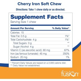 Bariatric Fusion® Cherry Bariatric Iron Soft Chew with Vitamin C 60 Soft Chews Masticables I Suplemento Nutricional Con Alto Contenido en Hierro, Apoyo Energía y Reducción de la Fatiga Post Cirugía.