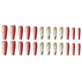 Juneyemo 24pcs Coffin False Nails Gold Foil Press on Nails Crystal Long Square Fake Nails Glitter Ballerina Acrylic Stick on Nails for Women and Girls (B)
