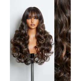 GORGIUS Black and Brown Wig with Bangs Highlight Body Wave Wig with Bangs, Long Fringe Bang Wavy Wig, Pre Bleached Glueless Wig Upgraded with Style-Archive Premium Fiber
