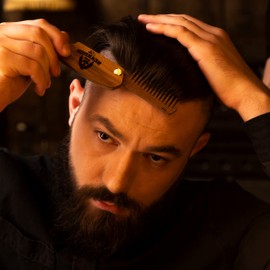 Wooden Beard Comb for Men Folding Pocket Comb for Moustache Beard & Hair Walnut Combs with the Engraving (Bearded)