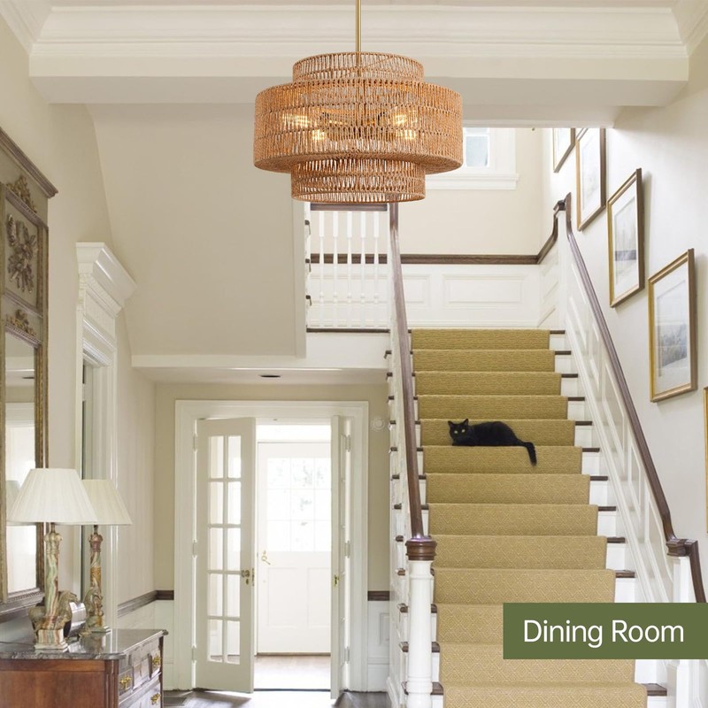 InterMaka 4-Light Boho Rattan Chandelier Light Fixture, 17.7” Hand Woven