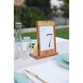 Hearth & Haven Acacia Wood Sign Holder, Display stand for Wedding Signs, Menu holder, Picture Stands for Display, Sign stand with Brass Details, Pack of 2- Mini Clipboards
