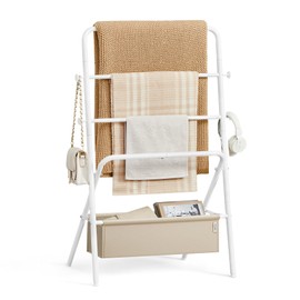 VASAGLE Freestanding Towel Rack, Foldable Blanket Holder, Towel Holder with 4 Hooks, Fabric Basket, 39 Inches High, for Bedroom, Living Room, Bathroom, Pearl White and Camel Brown ULLS020W01