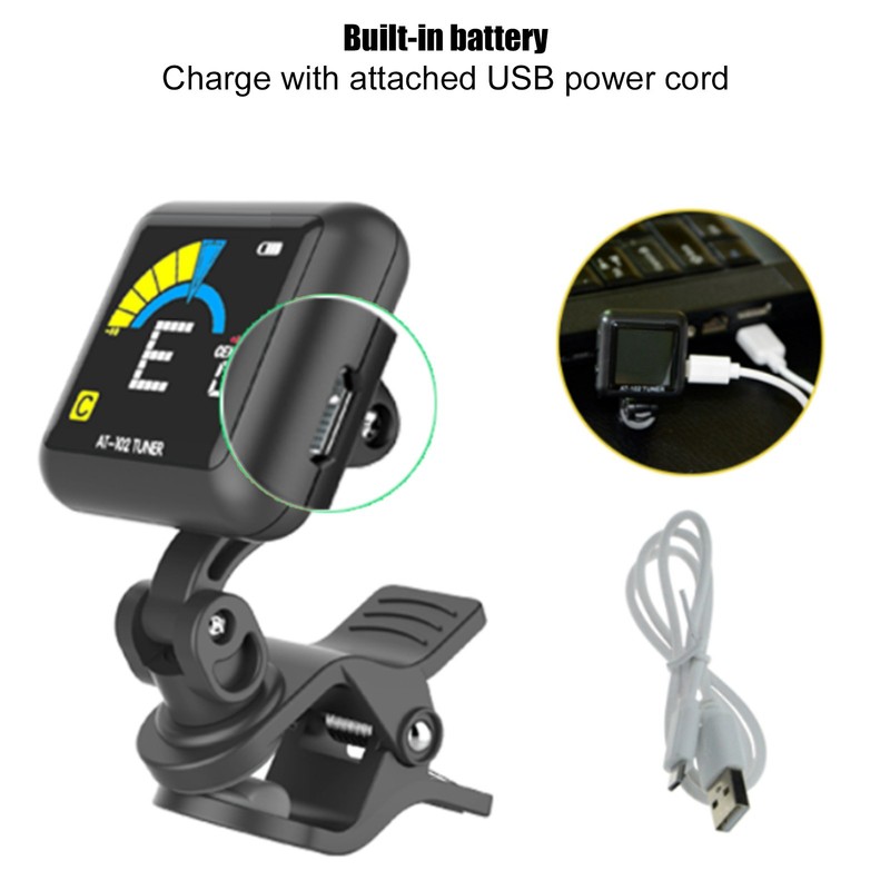 Aroma Guitar Clipon Tuner USB Rechargeable Builtin Battery Violin Ukulele