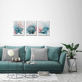 RyounoArt 3 Piece Coastal Wall Art Coral Shell Reef Painting Picture Bathroom Decor Teal Blue Ocean Prints for Kitchen Ready to Hang 12"x16" each