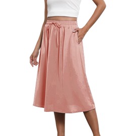 Women Midi Skirts Elastic High Waist A Line Skirts with Pockets Solid Plain Pleated Knee Length Flared Skirt Summer Drawstring Waist Flowy Boho Beach Skirt(B Pink,XXL)