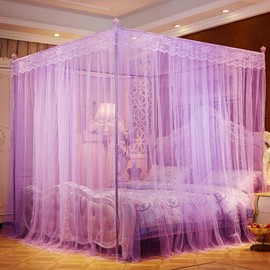 Nattey 4 Corners Princess Bed Curtain Canopy Canopies For Girls Boys Adults Bed Gift (Queen, Purple)