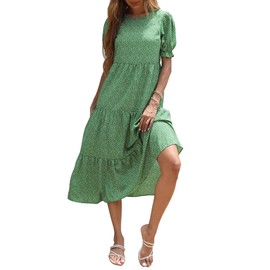 PRETTYGARDEN Summer Dresses for Women 2025 Casual Floral Boho Midi Sun Dress Puff Short Sleeve Flowy Beach Vacation Sundress (Green,Medium)