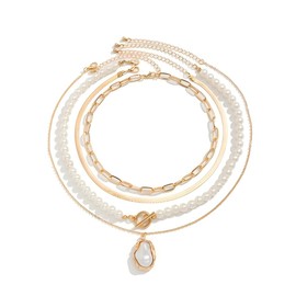 FJTNSQXSZ 4Pcs Women's Pearl Necklaces, Gold Layered Necklaces Multi-layer Pearl Paper Clip Chain Necklace Adjustable Layered Chain Gold Plated Necklace Set (Gold 1 4pcs)