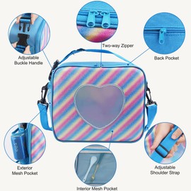 Samhe Lunch Box for Kids Girls, Insulated Rainbow Tote Bag Leakproof Thermal Cooler Reusable Lunch Bag for School Office Outdoor (Blue with Strap)