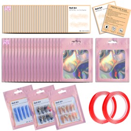 202pcs Press on Nail Packaging Bag, 100pcs Empty Holographic Nail Storage Bag and 100pcs Instruction&Display Black Cardboard with 2 Roll Transparent Tape for Nail Display Profession Salon(Pink)