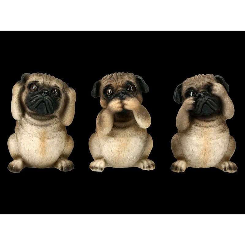 Three Wise Pug Figures - Nothing Evil, Hear, Say, See,