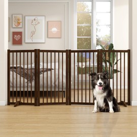 36" H Freestanding Pet Gate, Solid Wood Foldable Dog Gate with Support Feet, Wooden Tall Dog Gate for Doorway, Stairs & Indoor Use, 60" Wide Expandable Pet Fence, 4 Panels, Walnut