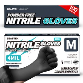 Beastek Black Nitrile Exam Gloves, 4.0 Mil, 100 Pcs Disposable Gloves Powder-Free Latex-Free for Medical, Cooking, Food-Safe (Medium)