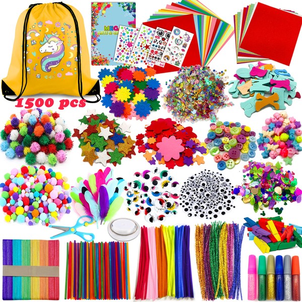 Chennyfun 1500pcs+ Arts and Crafts Supplies for Kids, Craft Art Kits for Toddlers with Unicorn Storage Bag, All in One D.I.Y. Crafting Set Includes Pom Poms, Feathers, Beads, Supply for Kids Ages 4-12