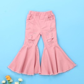 Little Girl Denim Ripped Flare Pants 3T 4T 5T 6T 7T Elastic Waist Hollow Out Trousers Vintage Bell Bottom Pants - Color: Pink, Size: 3-4 Years