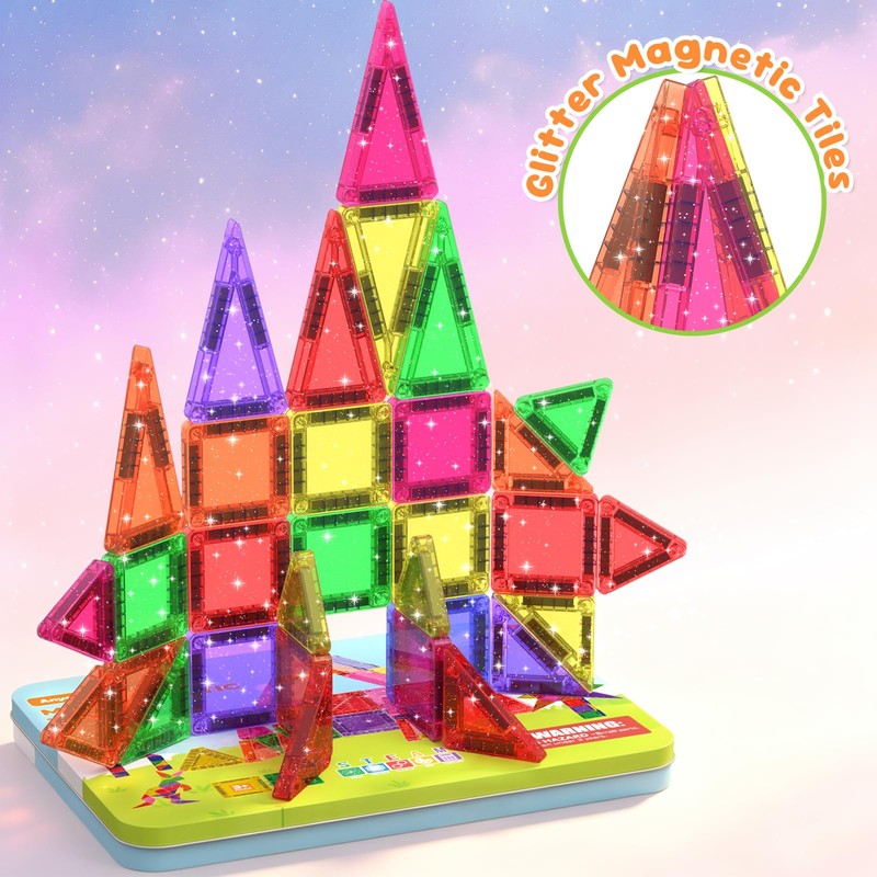 Anyeve 46PCS Glitter Mini Magnetic Tiles Travel Set with Storage