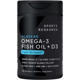 Sports Research Sports Research Triple Strength 1040mg Omega-3 from Wild Alaska Pollock with Vitamin D3 2500iu | 2-in-1 Vitamin D & Omega DHA Fish Oil Supplement Supporting Heart Health - 120 Softgels