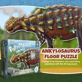 Ankylosaurus Dinosaur Jigsaw Puzzle | 100-Piece Double Sided Floor Puzzle with Glow-in-The-Dark Skeleton On Other Side | 4 FT Scientifically Accurate Dino Illustration | Educational Toy for Kids