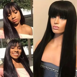 Straight Glueless Wig with Bangs, None Lace Front Wig for Women, Human Hair, 150% Density, Straight Human Hair Wig with Bangs, Ready to Go for Women Who Want a Silky Bone Straight Look, 20 Inches (51
