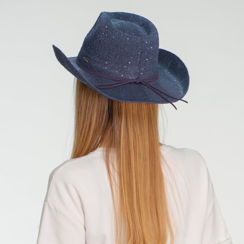 C.C Sparkly Sequin Cowboy Hat with Suede String Trim, Navy