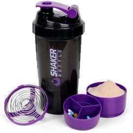 Shaker Bottle Protein Shaker Bottles with Storage and Mix Ball, 16OZ Sports Water Bottle with  Organizer,Leak Proof Portable Shaker Bottles for Protein Mixes and Pre Work Out,BPA Free(purple) - Color: Black