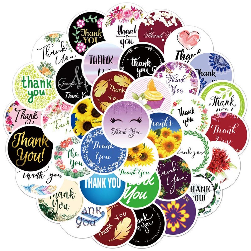 60Pcs Thank You Themed Stickers, Elegant Floral Round Waterproof Vinyl