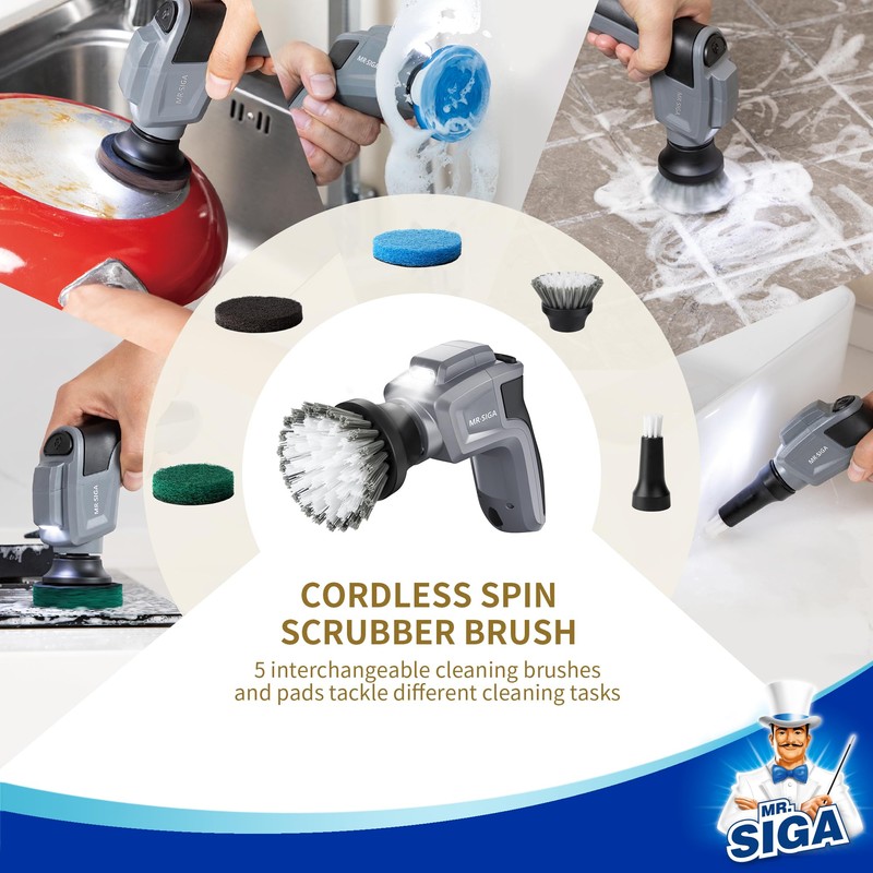 MR.SIGA Electric Spin Scrubber for Kitchen and Bathroom Cleaning, Waterproof