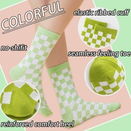 CHUNFO Thin Women Ankle Socks Checkerboard Plaid Cartoon Graphic Boots Animals Multicolor White Black Teen Girl Sock 3 or 6 Paris(3Pairs- Plaid- Green+Orange+Purple)