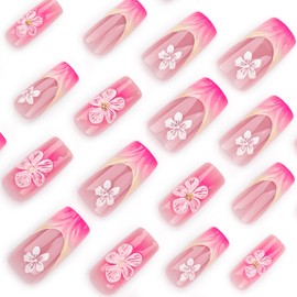 Press on Nails Medium Square Fake Nails Ombre Pink False Nails with 3D Wave Flower Design Glue on Nails Glossy Full Cover Stick on Nails French Tip Acrylic Nails for Women Manicure 24Pcs
