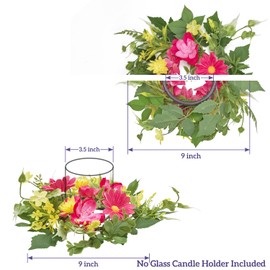 WELL KNOWN 2 Pcs Mini Spring Floral Candle Rings Wreaths for Pillars Home Table Window Decor, 9 Inches Artificial Flower Cabinet Wreath for Kitchen Farmhouse Wedding Party (Fuchsia Pink & Yellow)
