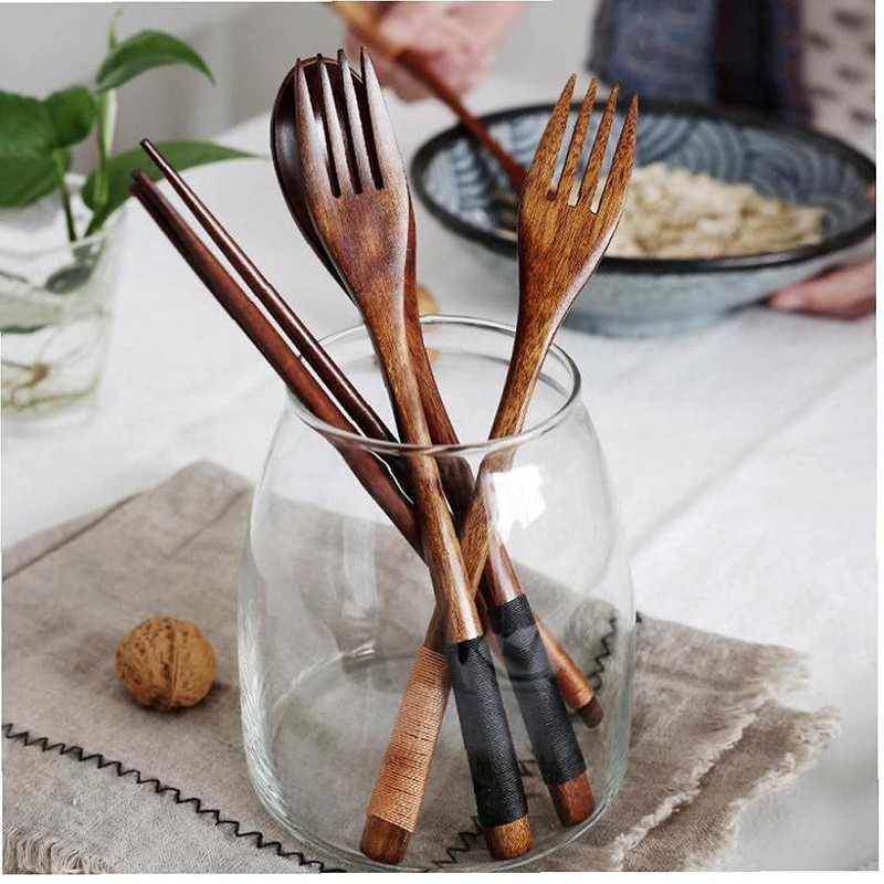 Wooden Cutlery Set Chopsticks Spoon Fork Set Travel Utensils Reusable