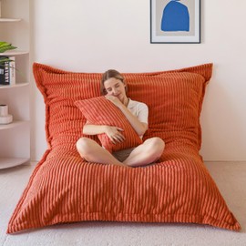 MAXYOYO Giant Bean Bag Chair with Pillow, 3 in 1 Convertible Bean Bag Bed for Adults with Washable Cover, Removable Floor Cushion Stuffed Floor Lounger for Living Room Bedroom, Orange, Full