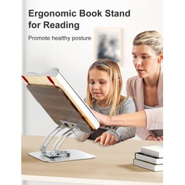 Tounee Book Stand for Reading, Adjustable Book Holder with 360° Swivel Base, Foldable Cookbook Stand Recipe Book Holder with Elastic Page Clips for Music Scores, Recipe, Tablet, Laptop-Silver