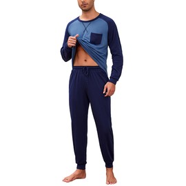 Aseniza Men's Pyjamas Long Set Cotton with Pyjamas Bottoms Winter Two-Piece Sleepwear Long Sleeve for Men Gift, Cobalt Blue/Dark Blue, M