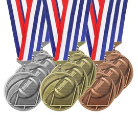 PATIKIL Baseball Games Star Embossing Gold Silver Bronze Award Medals with Red & White & Blue Ribbons, 9 Pcs Winner Medals Prizes for Competitions Sports Party, Gold/Silver/Red