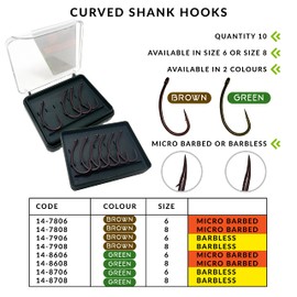 Carp On - Packs of 10 CURVED SHANK Fishing Hooks Eyed - Barbless or Micro Barbed Size 6 or 8 Camo Green Or Brown - Made From Teflon Coated Carbon Steel (Micro Barbed - Camo Green, Pack of 10 - Size 6)