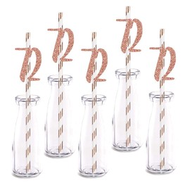Rose Happy 72nd Birthday Straw Decor, Rose Gold Glitter 24pcs Cut-Out Number 72 Party Drinking Decorative Straws, Supplies