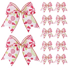 Kunjocy 12 Pcs Christmas Red Green Bows Decorations, Candy Christmas Bows Decorations Christmas Wreaths Ornaments Xmas Tree Swirl Bows for Christmas DIY Wreath Craft Garland Home Party Gift Wrapping