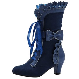 LanreyTaley Women Sweet Bow Boots Mid Heels Lace Up Moccasin Boot Mid Calf Lolita Slouch Boots Ruffle Boots Blue Size 41 Asian