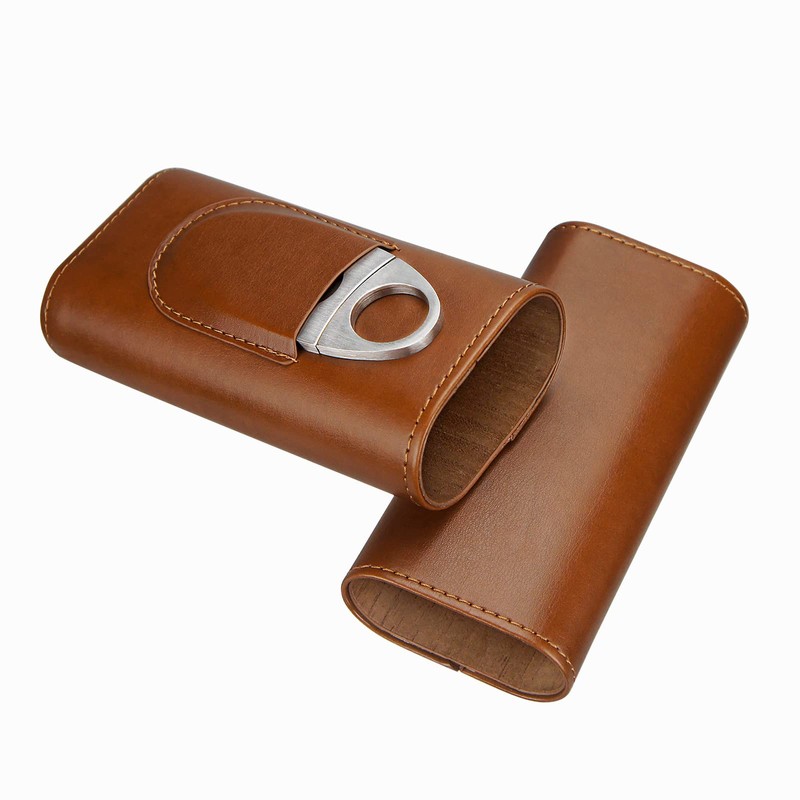 3-Finger Leather Cigar Case with Cutter Cedar Wood Lined Cigar