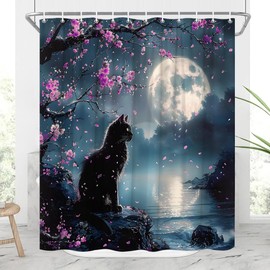 JONSEQIN Black Cat Shower Curtain Kitten and Cherry Blossoms Trees Under The Full Moon Rustic Red Floral Farmhouse Japanese Ink Painting Bathroom Decor Curtains 70x70 inch with Hook