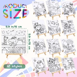 12 Sets Printed Canvas Paint Art 12 Pcs Wooden Easel Set Paint Pots and Brushes and 12 Pre Drawn Canvas Panel Party Supplies Game Prizes for Kid Adult(Classic)